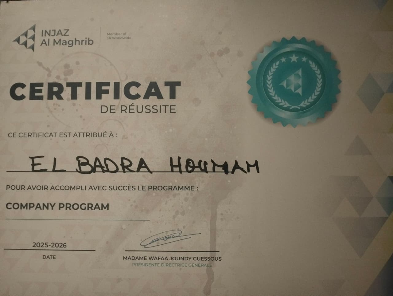 INJAZ Al Maghrib Company Program Certificate
